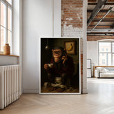 Modern interior with a framed artwork of a monkey on a phone, sitting on a toilet, in a stylish room.